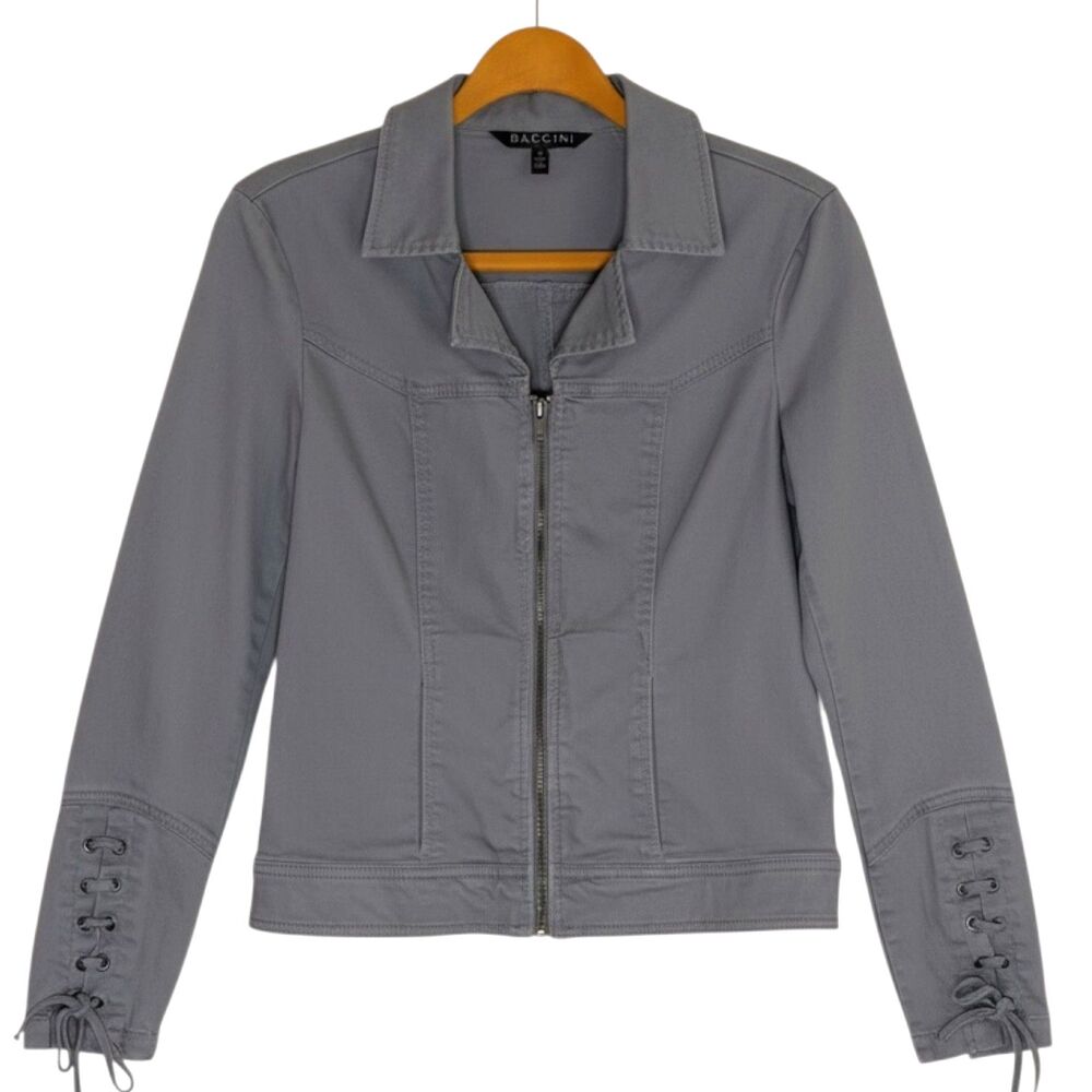 Baccini Denim Jean Jacket Lace Up Sleeve Zip Front Gray S